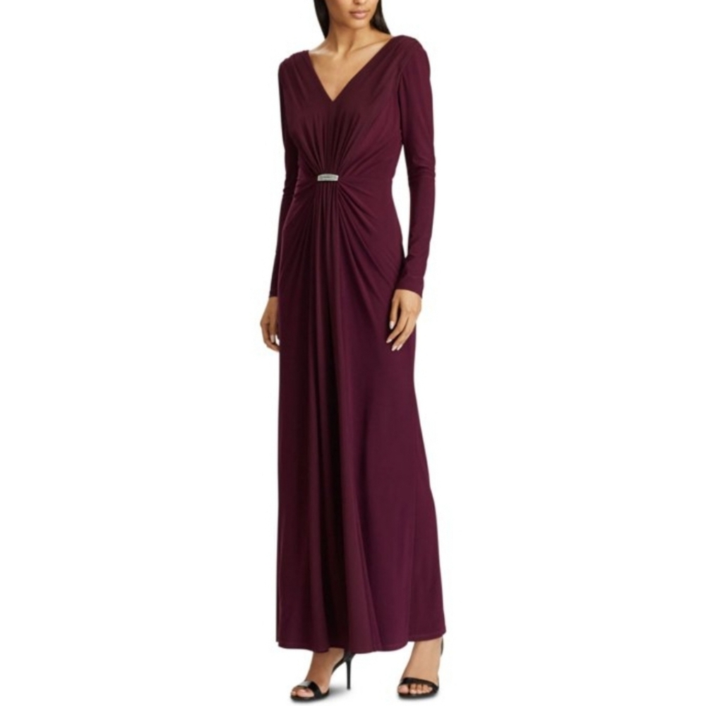 🔥Ralph Lauren | Purple/Plum Ruched Rhinestone Long Sleeve V Neck Gown